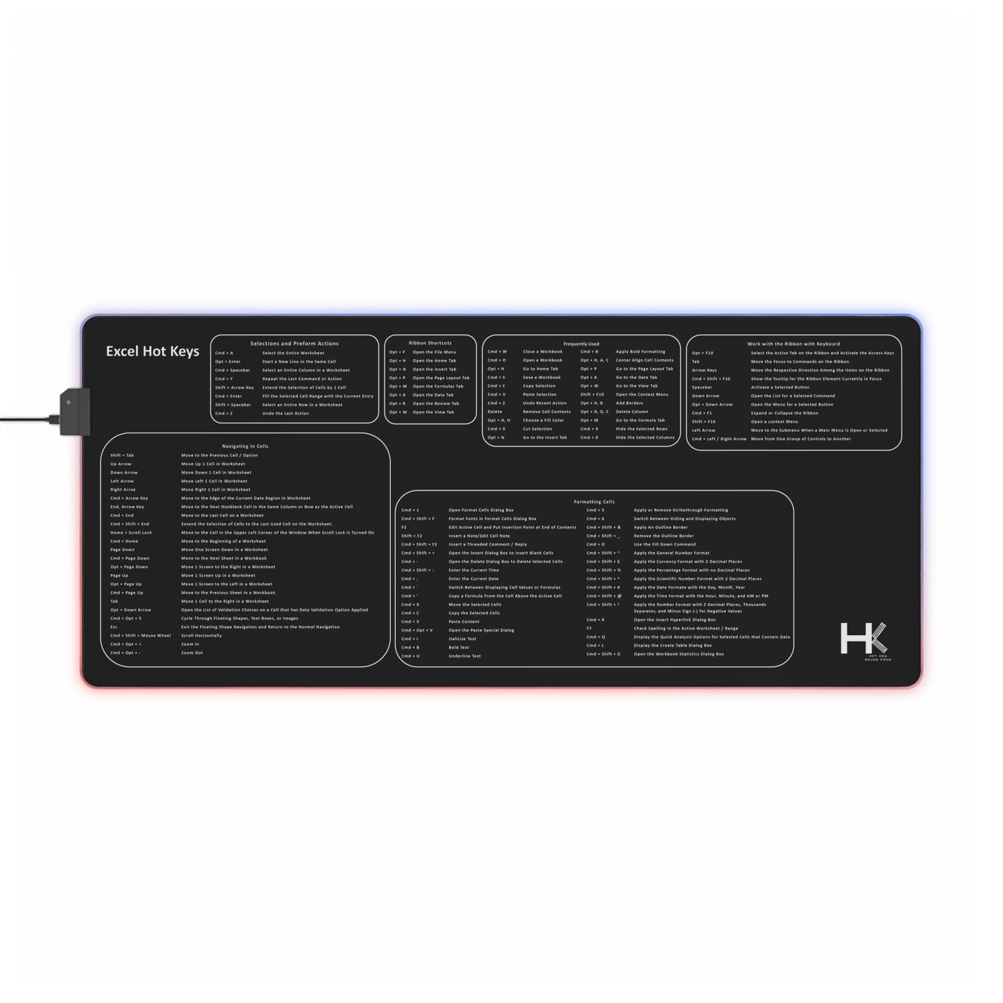 Mac Excel Hot Keys LED XL Mouse Pad