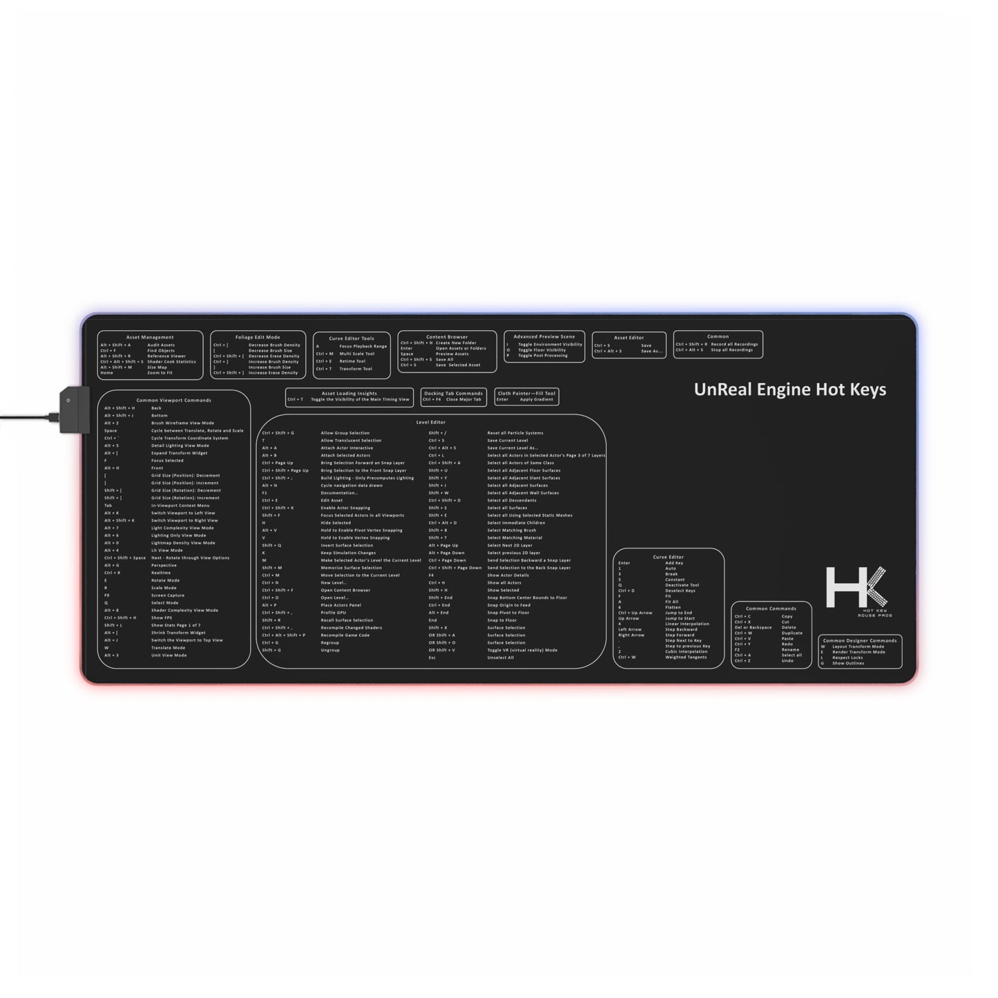 Windows UnReal Engine Hot Keys LED XL Mouse Pad