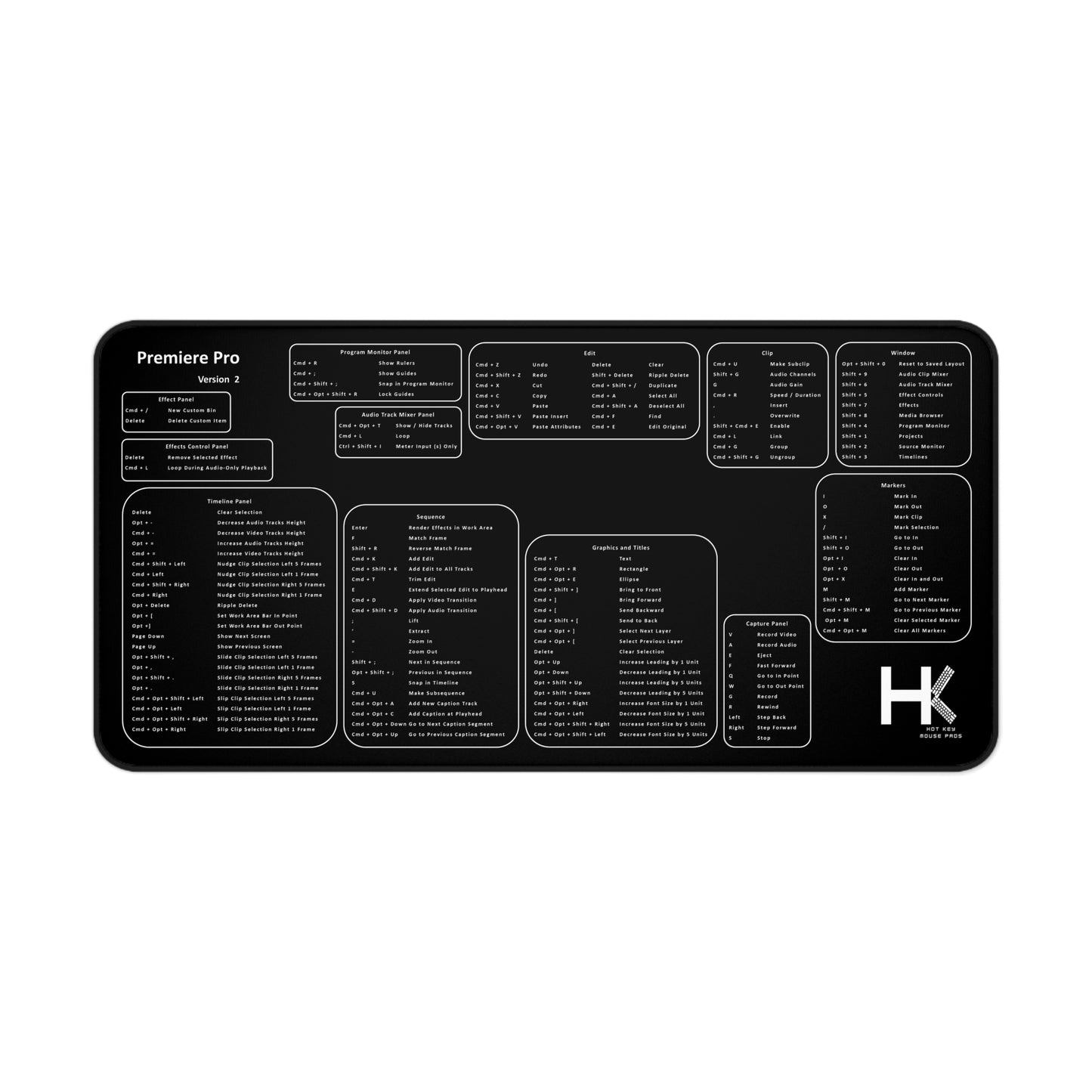 Mac Premiere Pro Version 2 Hot Key Mouse Pad XL