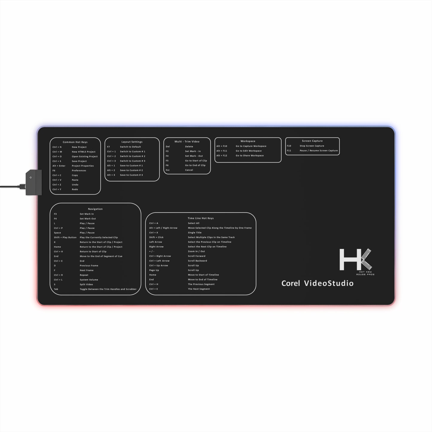 Windows Corel VideoStudio Hot Keys LED Gaming Mouse Pad Medium