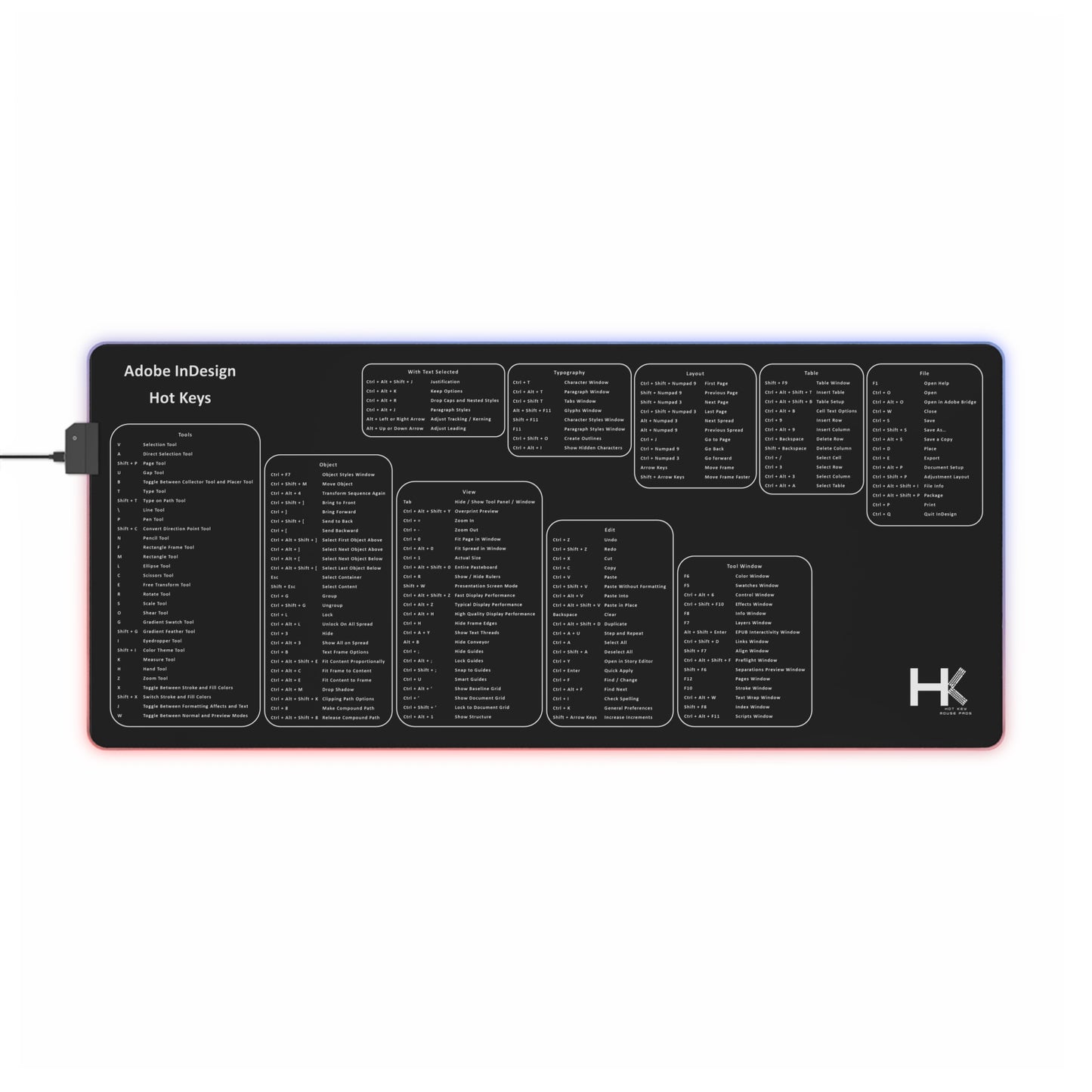 Windows Adobe Indesign Hot Keys LED XL Mouse Pad