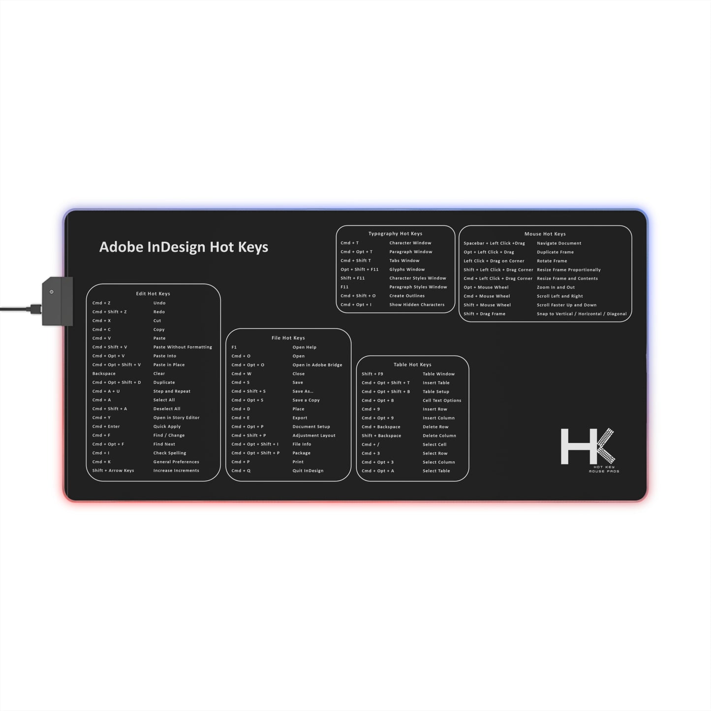 Mac Adobe Indesign Hot Keys LED Small Mouse Pad