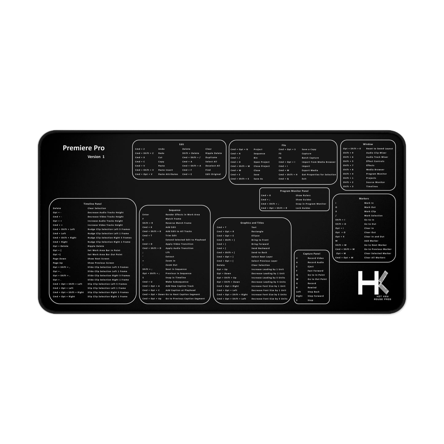 Mac Premiere Pro Version 1 Hot Key Mouse Pad XL