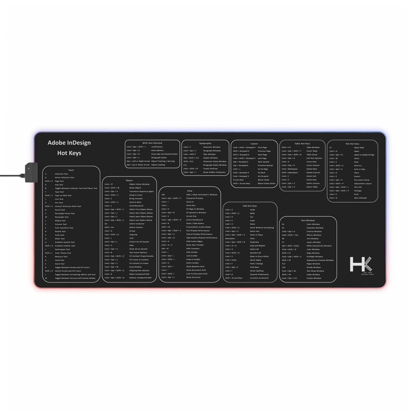 Mac Adobe Indesign Hot Keys LED XL Mouse Pad