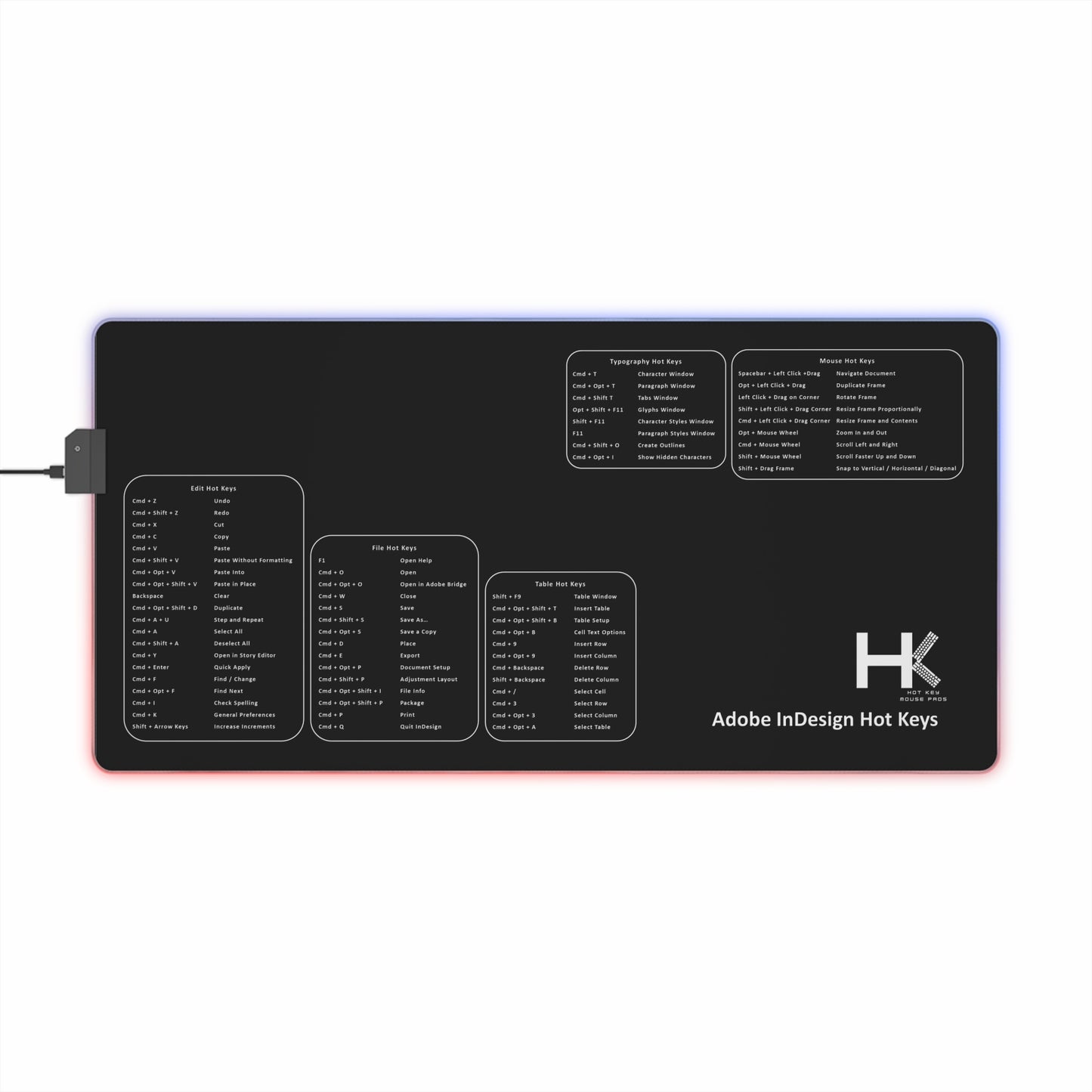 Mac Adobe Indesign Hot Keys LED Medium Mouse Pad