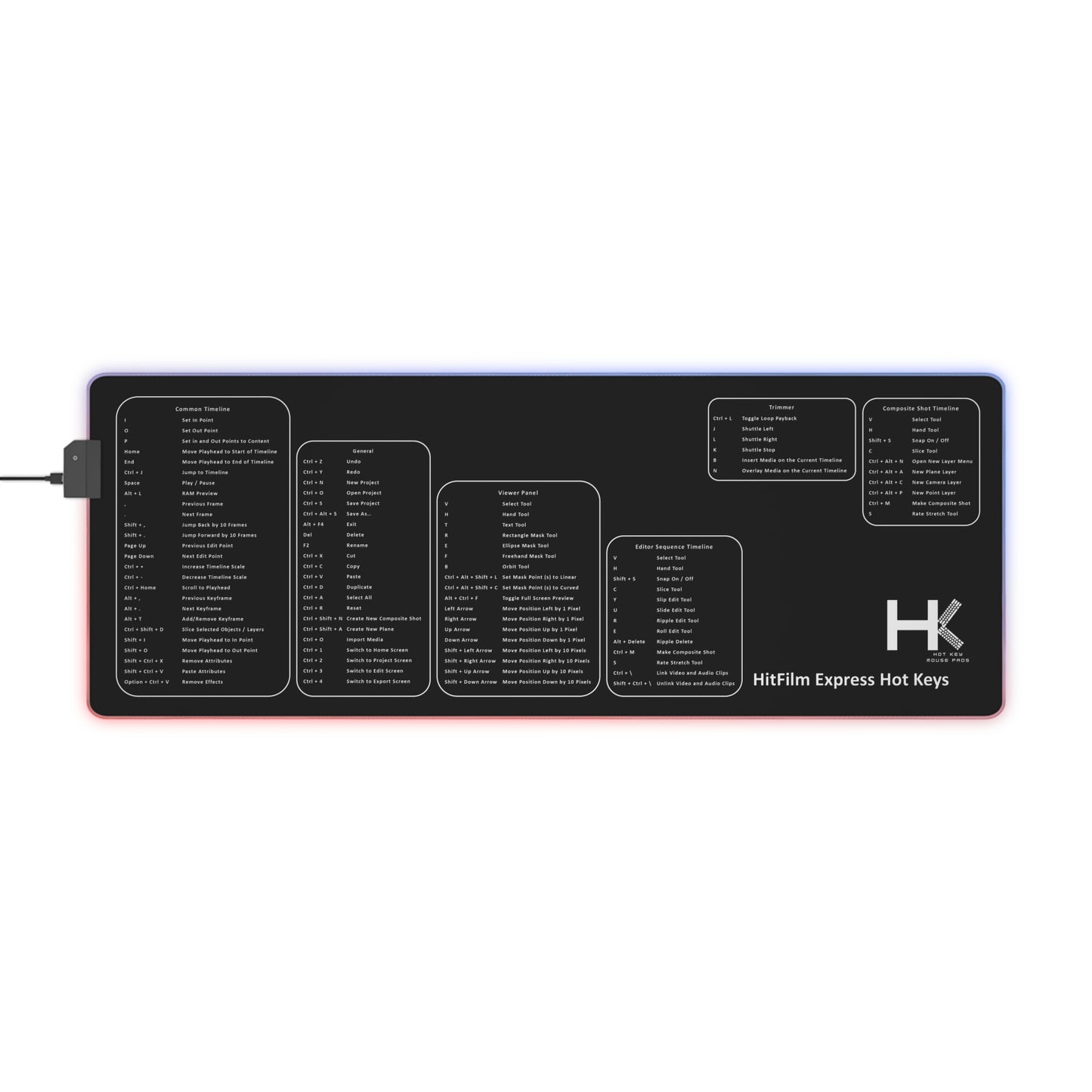 Windows Hitfilm Express Hot Keys LED Mouse Pad Large