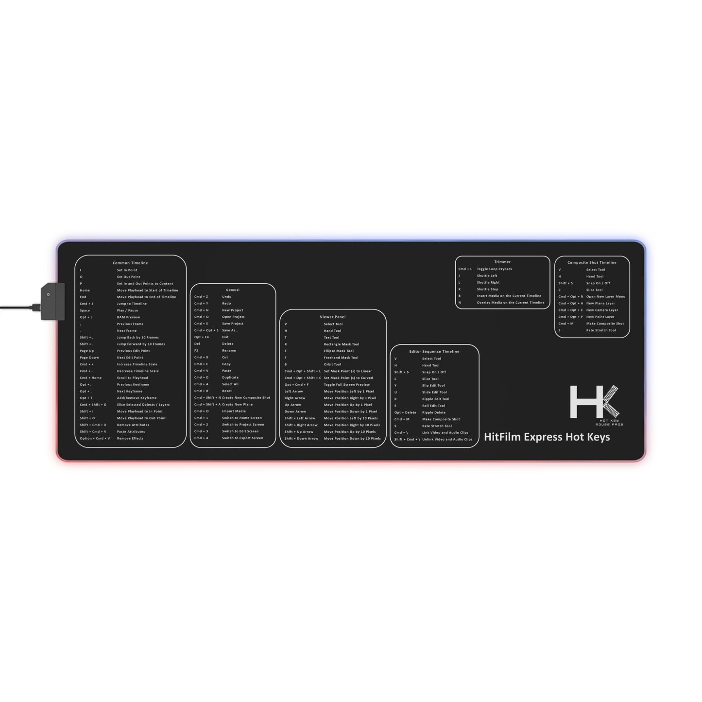 Mac Hitfilm Express Hot Keys LED Gaming Mouse Pad Large